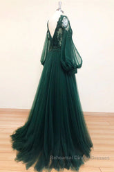 V Neck Long Sleeves Green Lace Semi Formal Prom Dresses, V Neck Green Lace Formal Evening Dresses